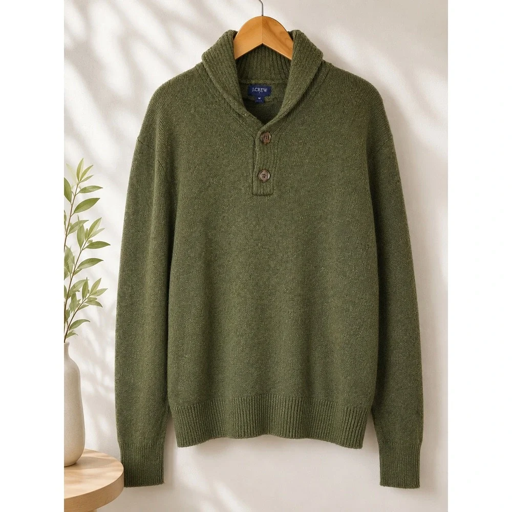 J Crew M Olive Green Lambswool Blend Shawl Collar Sweater Old Money Preppy